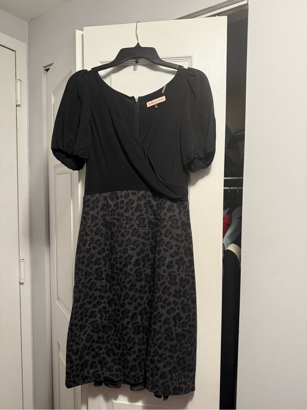 Rebecca Taylor Black Puff-Sleeve Midi Dress with Charcoal Leopard Skirt